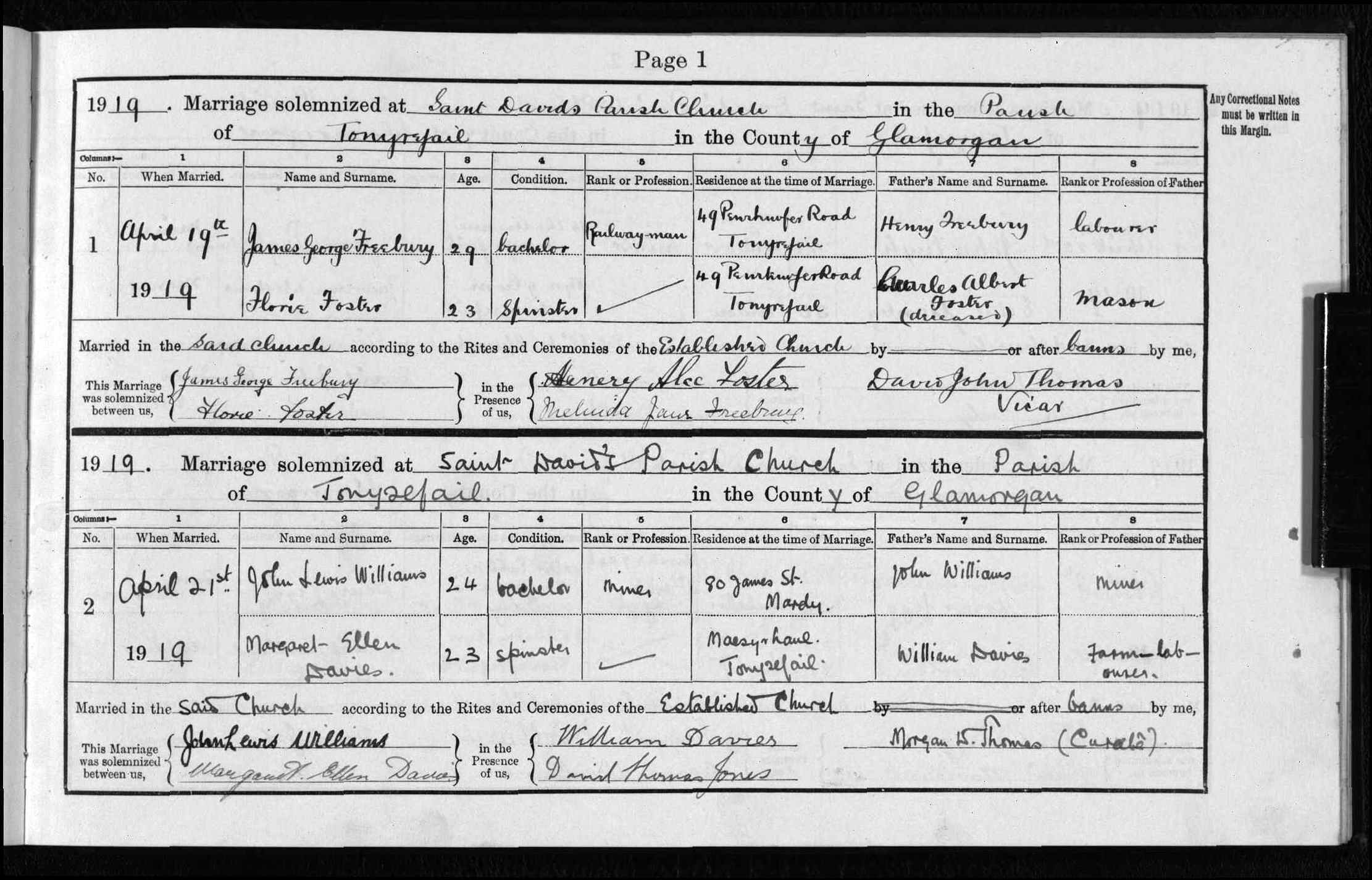 Glamorganshire, Wales, Anglican Baptisms, Marriages and Burials, 1570-1994