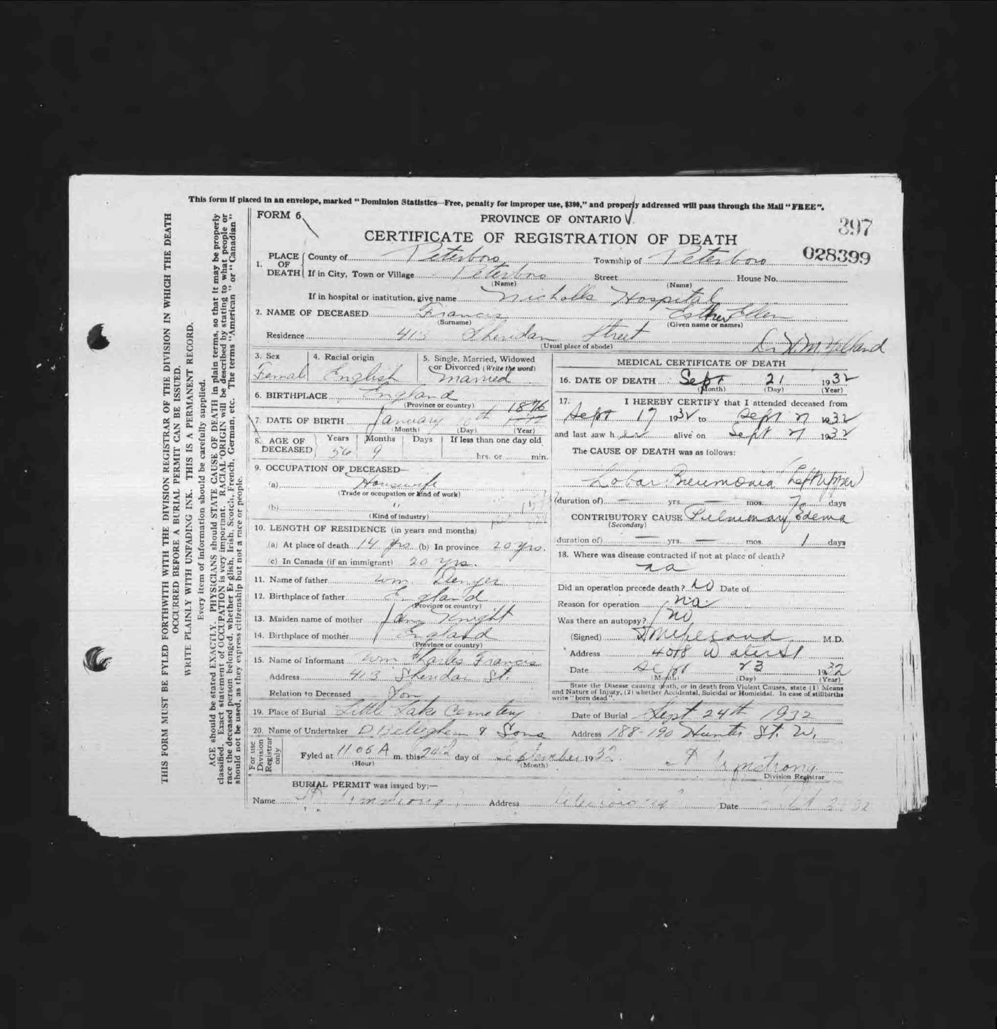 Ontario, Canada, Deaths and Deaths Overseas, 1869-1948