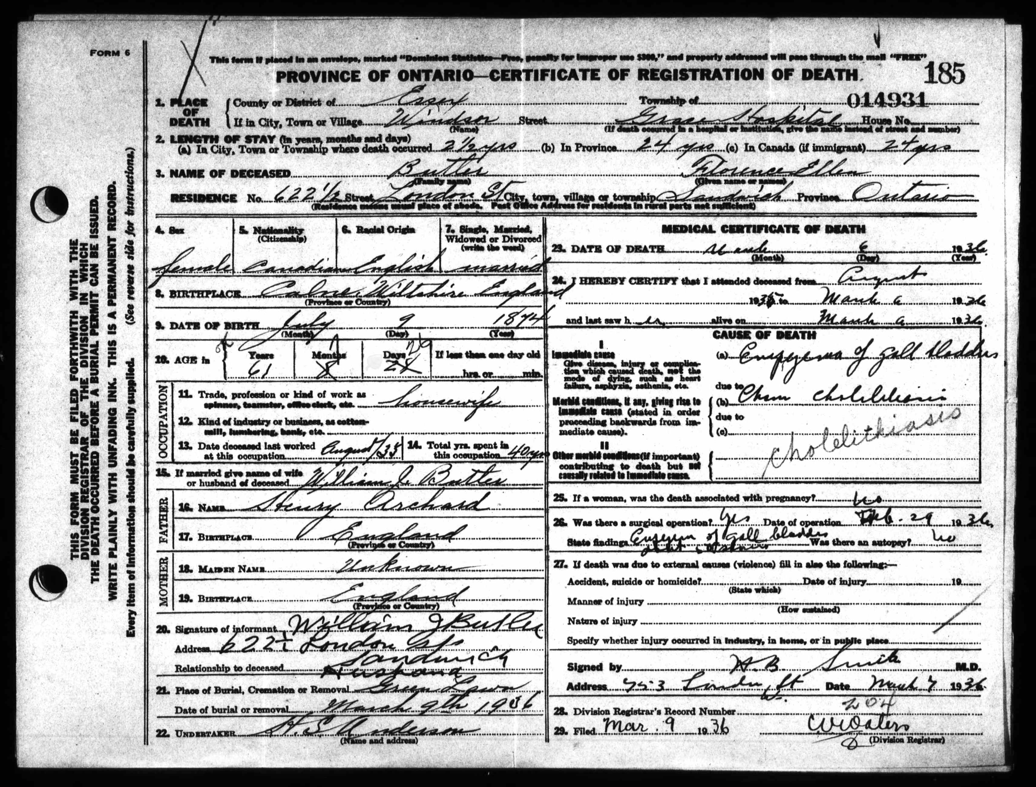 Ontario, Canada, Deaths and Deaths Overseas, 1869-1948