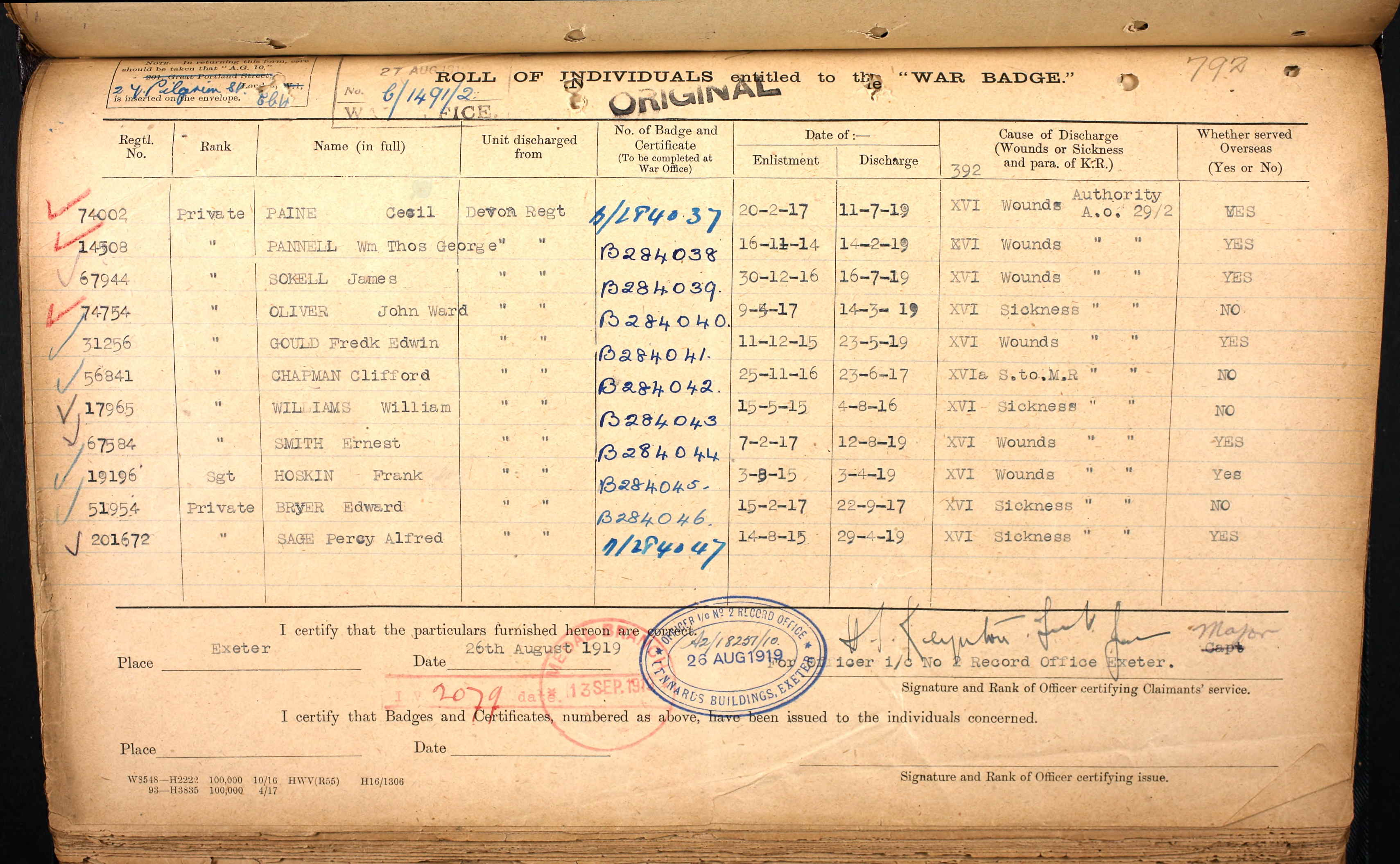 UK, Silver War Badge Records, 1914-1920