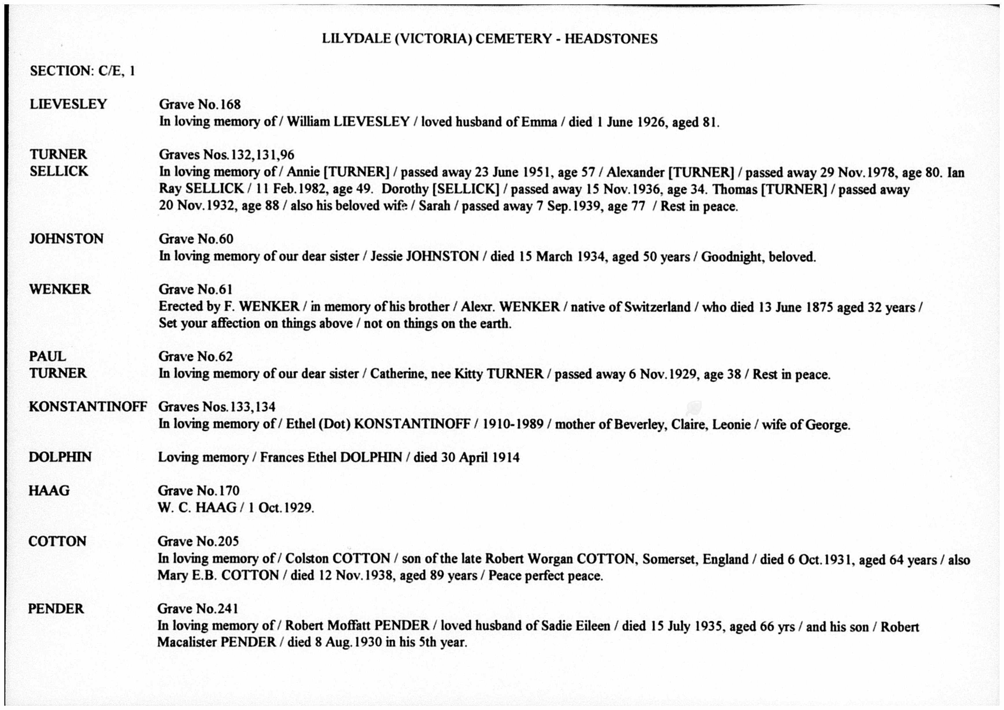 Victoria, Australia, Cemetery Records and Headstone Transcriptions, 1844-1997